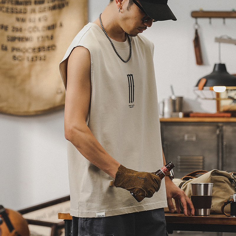 無袖T恤男夏季潮流復古做舊坎肩男款純棉背心重磅運動健身上衣潮T