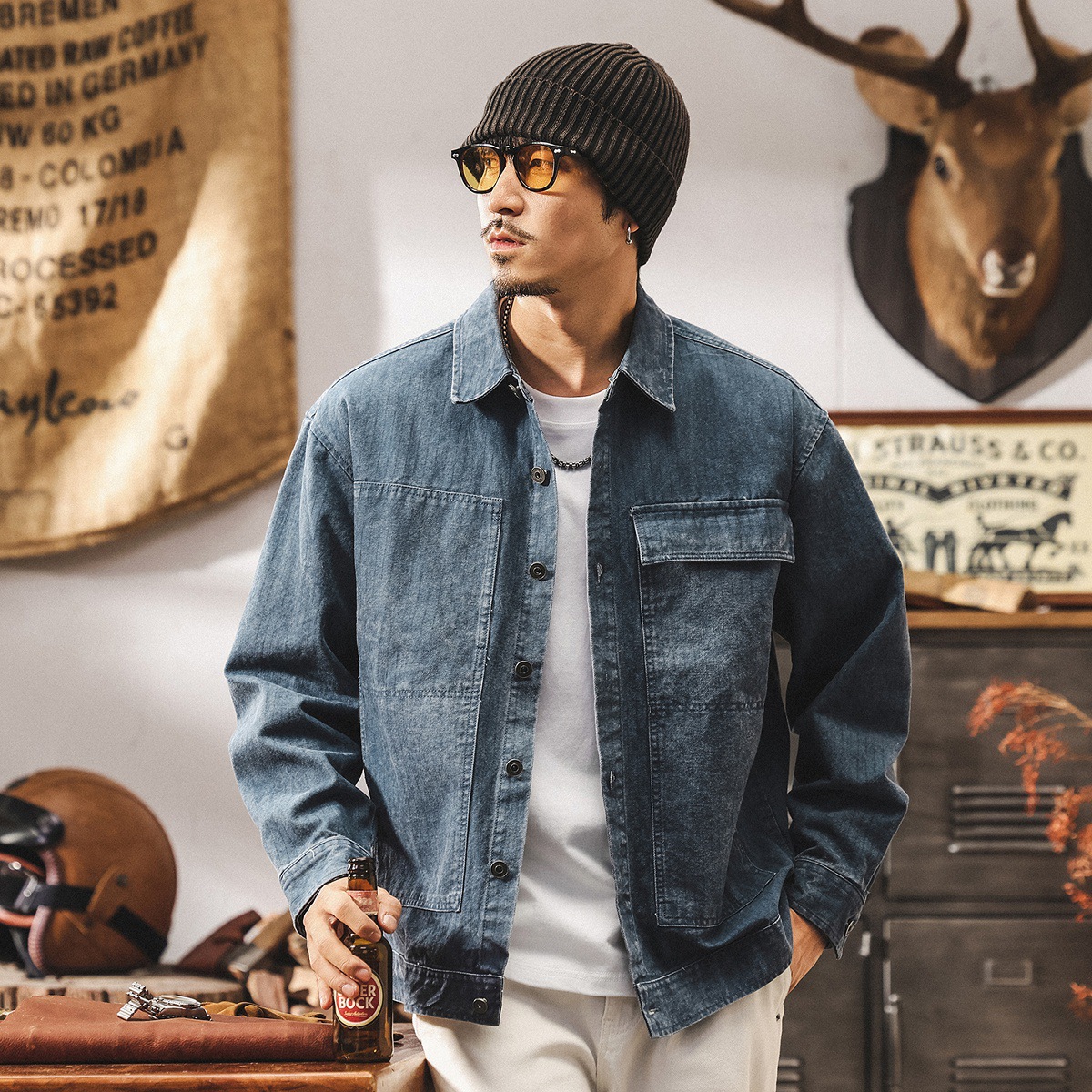 美式復古水洗牛仔夾克外套男春秋新款寬鬆工裝襯衫男長袖秋季襯衣