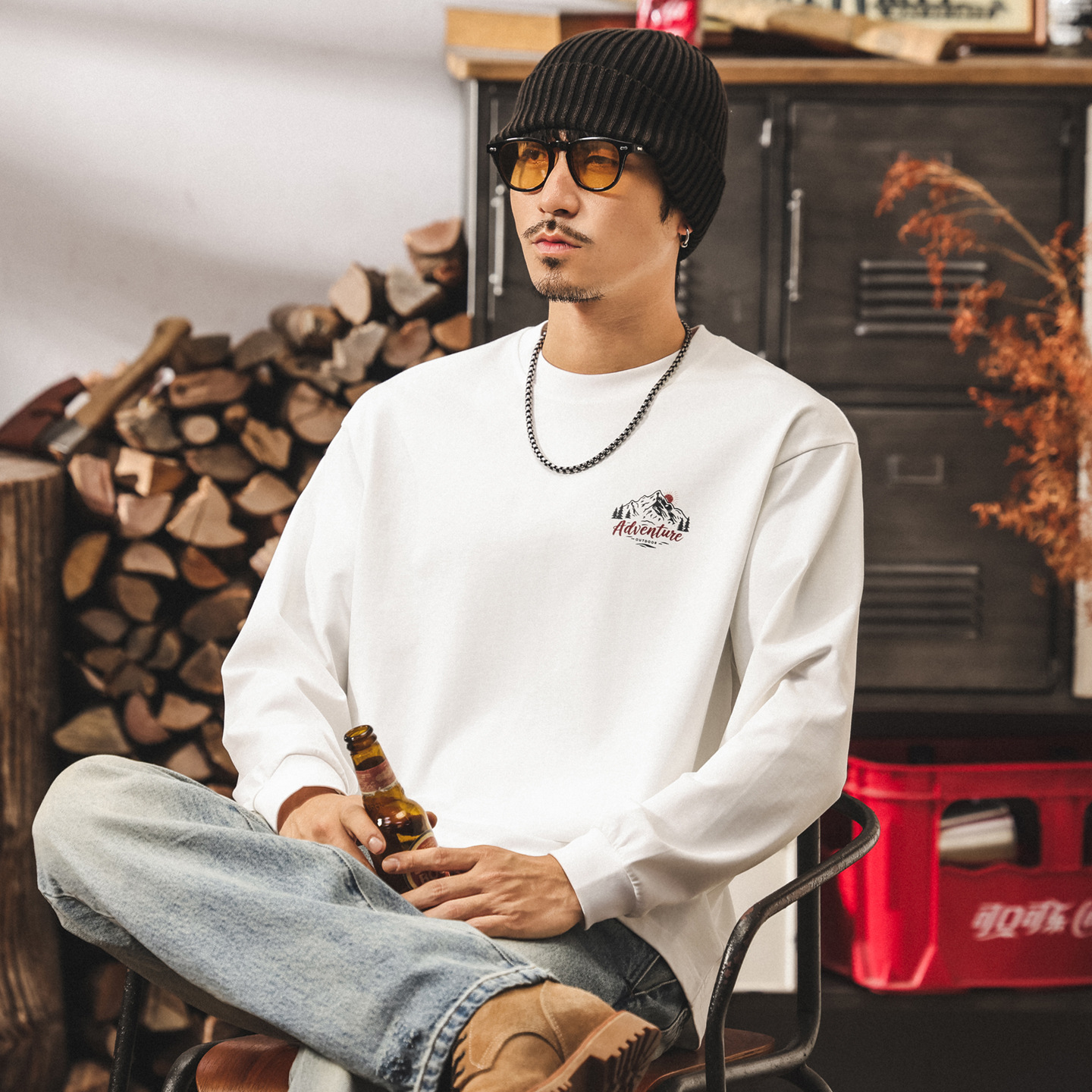 美式復古重磅長袖男t恤春秋潮牌新款山系男裝戶外印花寬鬆上衣男T