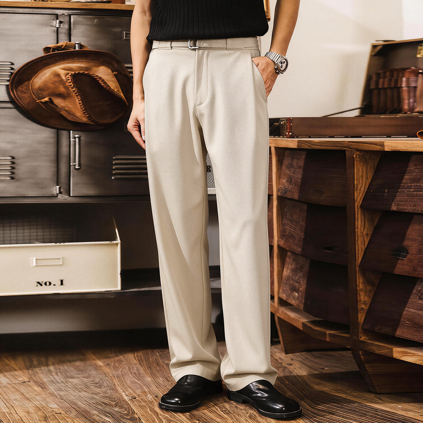 美式復古帶腰帶簡約西褲男春季潮牌通勤男士褲子寬鬆直筒休閒長褲