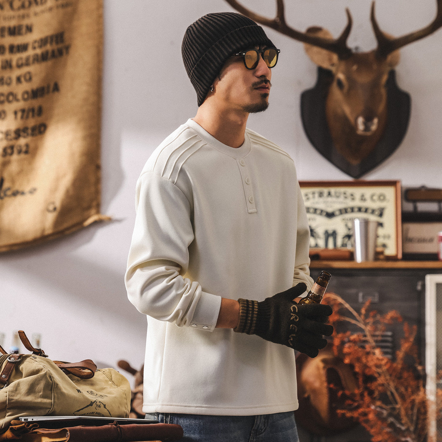 美式復古重磅加絨衛衣男款冬季加厚亨利領長袖男T恤潮牌寬鬆上衣