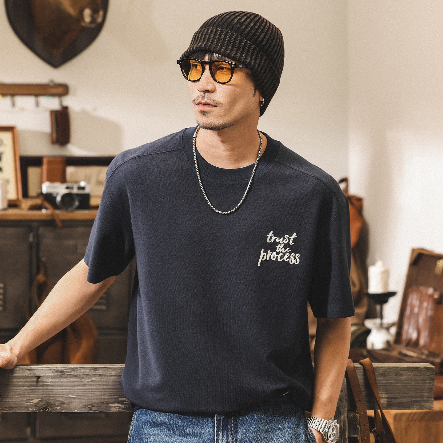 美式復古精梳棉刺繡T恤男夏季潮流280g重磅短袖寬鬆潮牌男士上衣