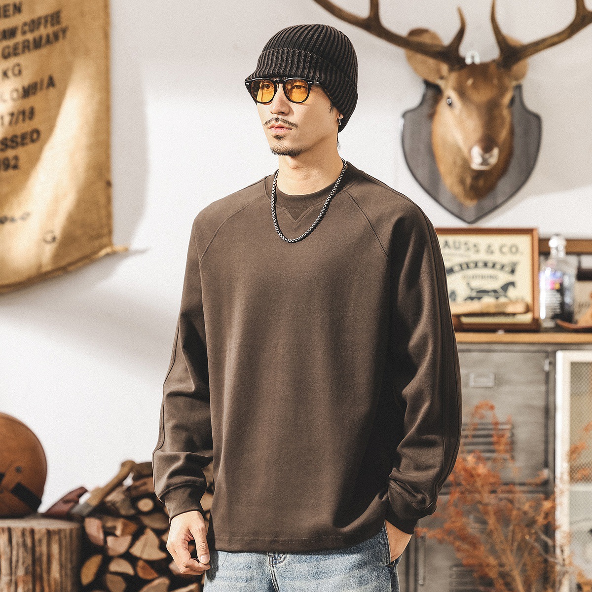 美式復古紫色衛衣男春秋新款簡約潮流300g重磅T恤男長袖寬鬆上衣