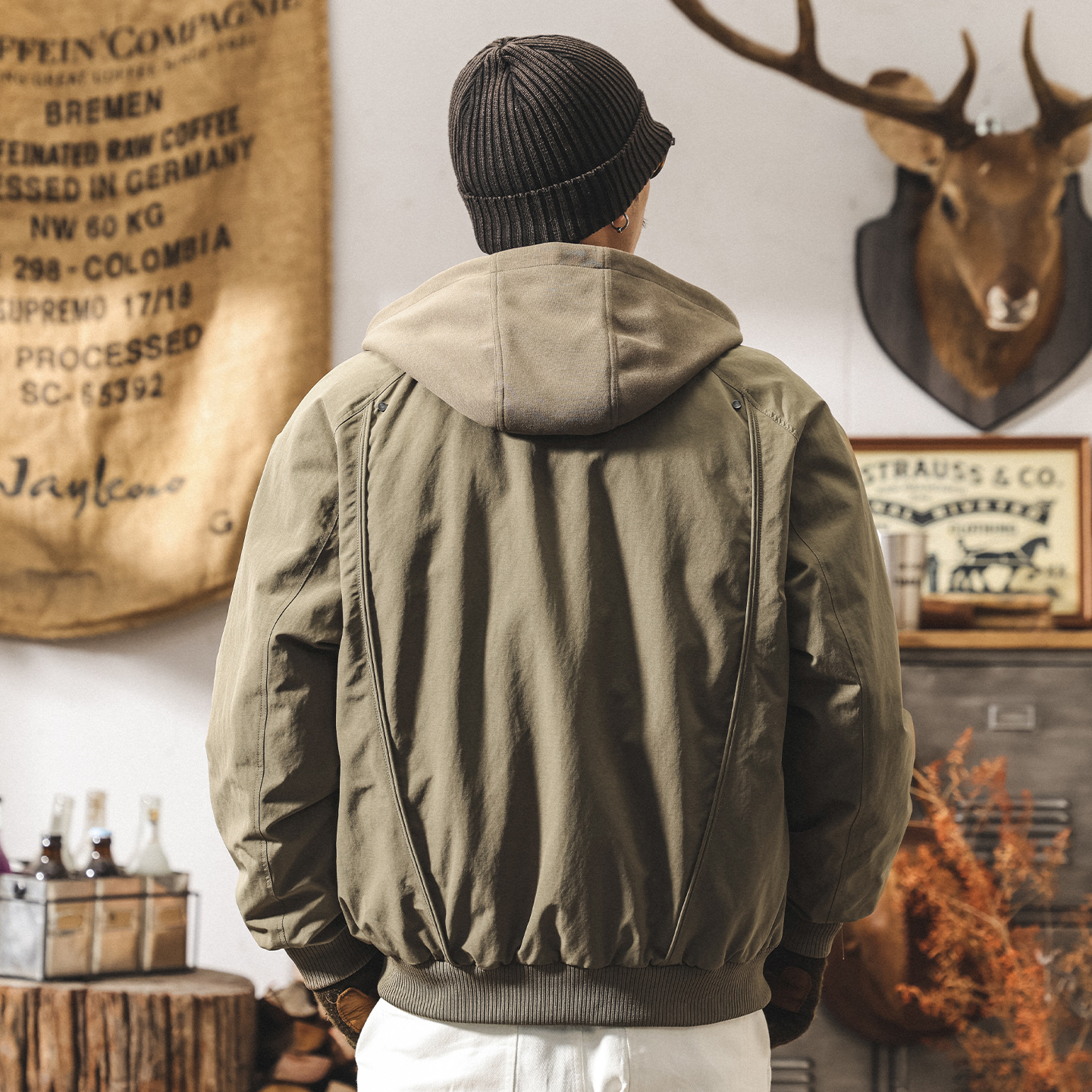 美式復古假兩件連帽冬季工裝羽絨服男寬鬆加厚90鴨絨禦寒保暖外套