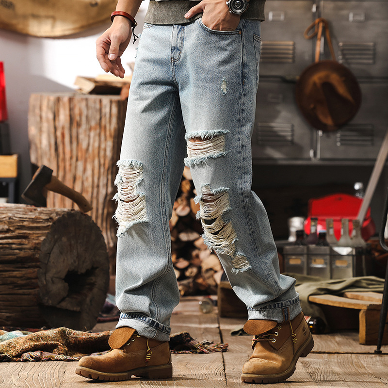 美式高街破洞水洗牛仔褲男春季復古潮牌直筒褲痞帥刮爛乞丐休閒褲