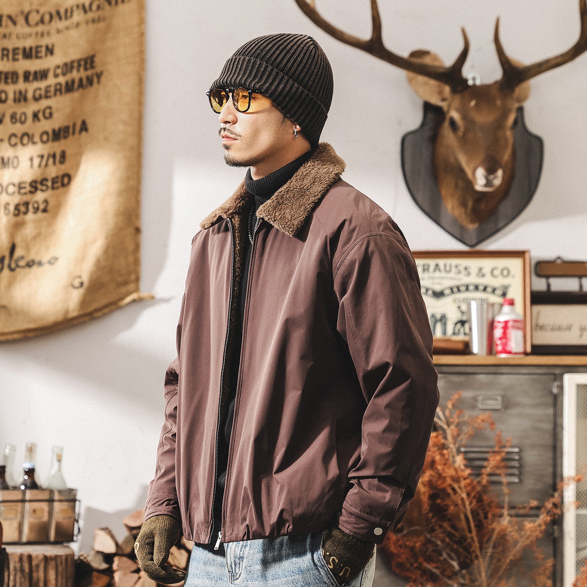 美式復古加厚羊羔絨棉服外套男冬季保暖男士棉襖座山雕毛領棉衣男