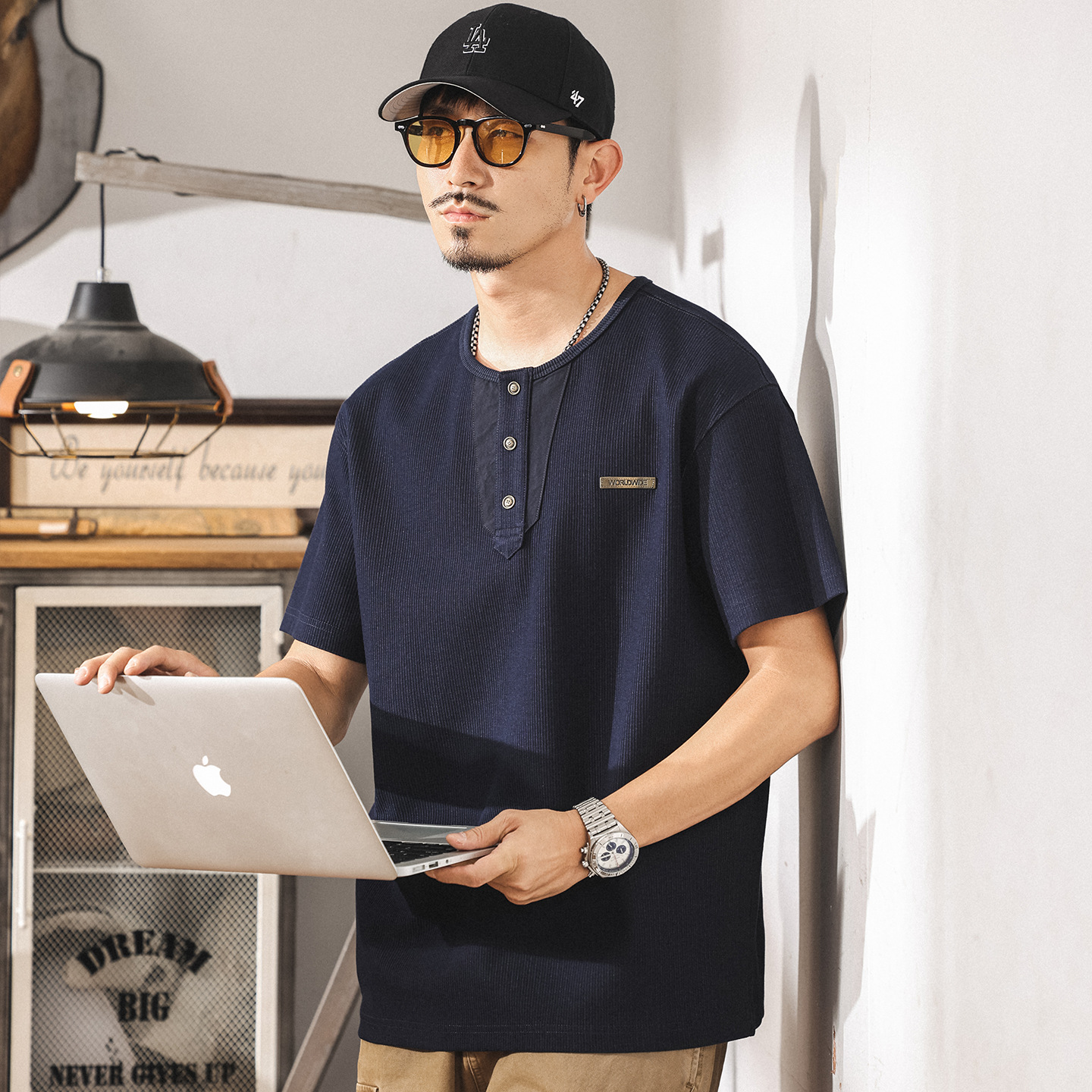 美式重磅POLO衫男士夏季新款短袖T恤復古亨利領寬鬆休閒男裝上衣T