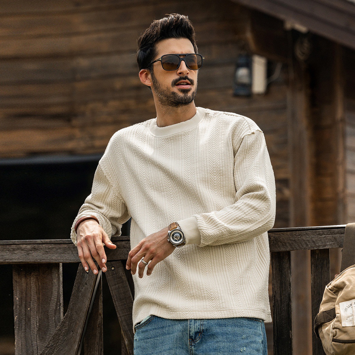 美式復古長袖T恤男春季新款慵懶風針織提花衛衣男士重磅寬鬆上衣