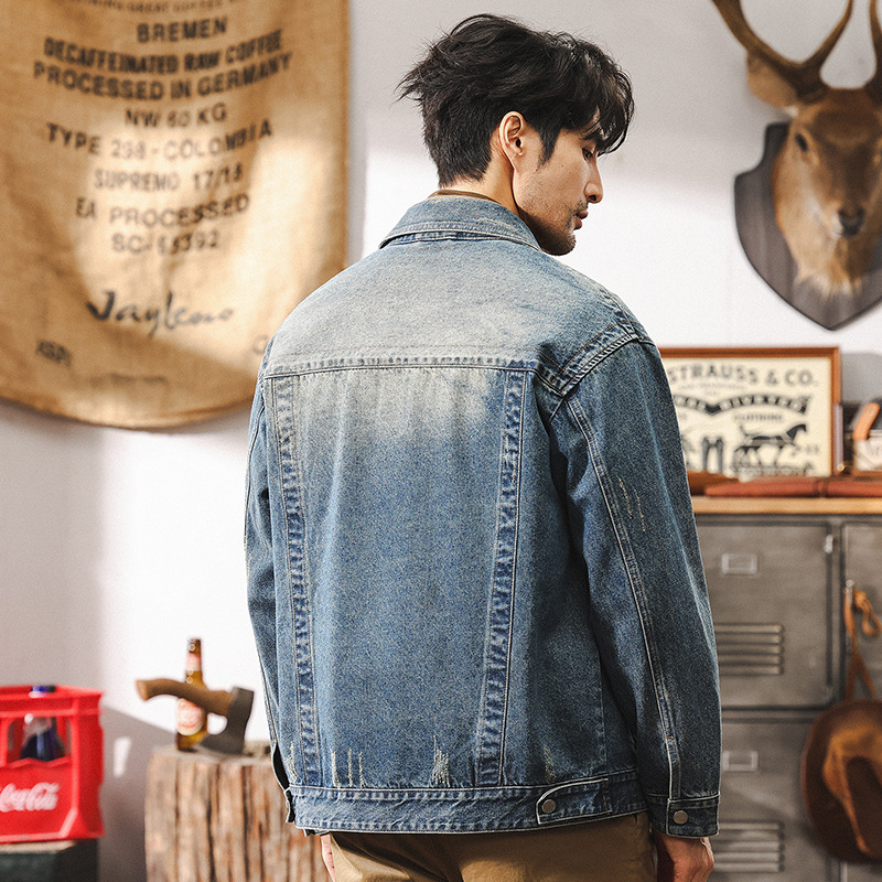 美式經典復古重磅牛仔外套男秋冬款潮牌硬漢痞帥做舊水洗休閒夾克