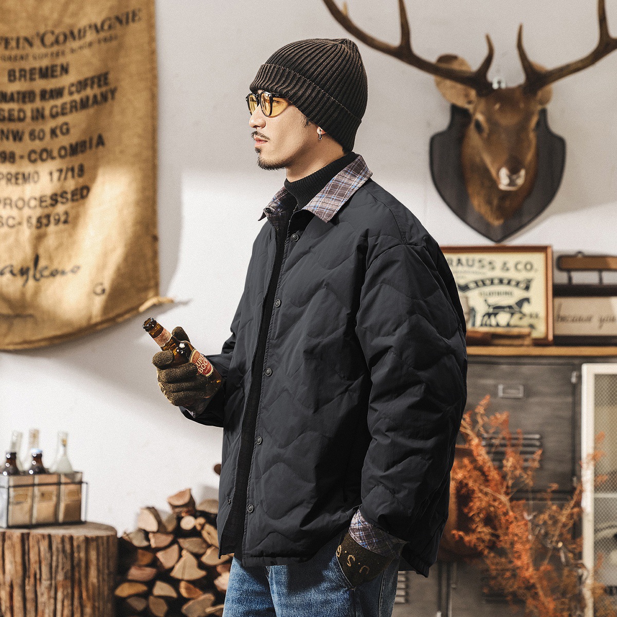 雙面穿美式復古90%純白鴨絨輕薄羽絨服男冬季潮牌襯衫羽絨外套男