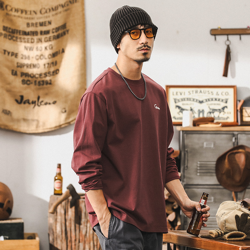 美式260g重磅長袖T恤男秋季潮牌寬鬆上衣2024新款紅色衣服男上衣T