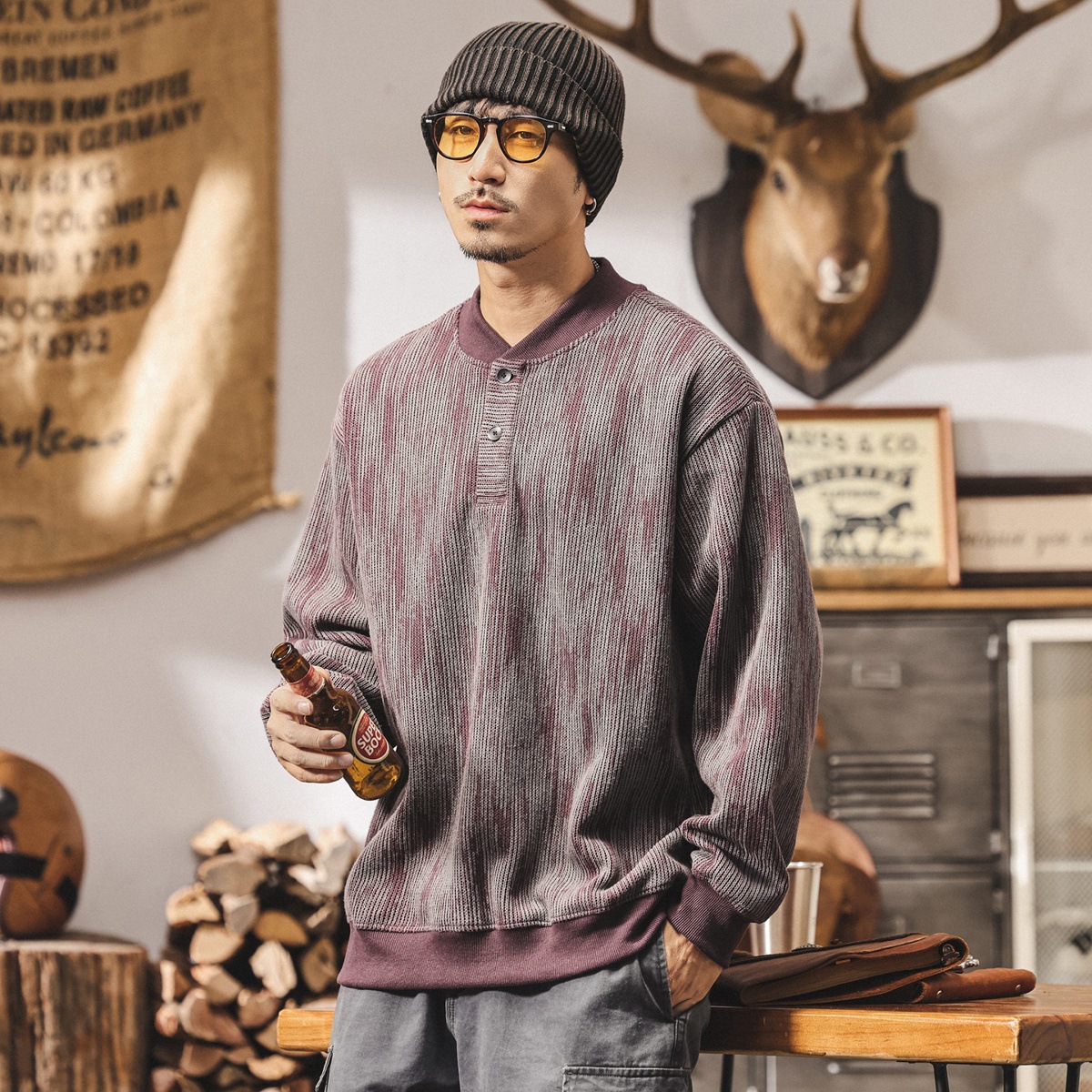 美式復古亨利領重磅衛衣男春秋新款潮牌寬鬆大碼潮流紫色男士上衣