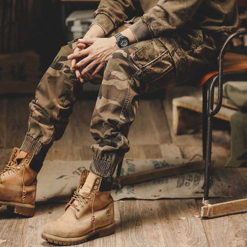 美式復古迷彩工裝褲子男寬鬆直筒2024年新款山系戶外通勤休閒褲男