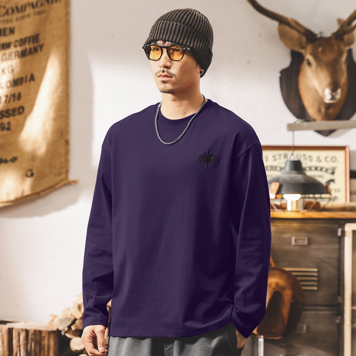 美式復古長袖t恤男秋季2025新款刺繡潮牌寬鬆大碼休閒男士上衣潮T