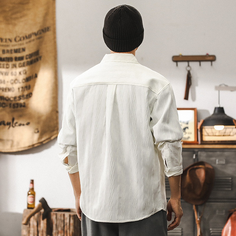 美式高級感休閒襯衫男士長袖秋季2024新款寬鬆潮流白色襯衣外套男