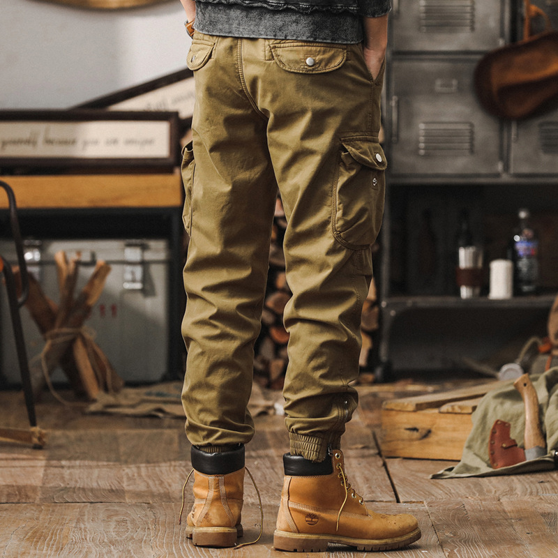 美式復古秋季工裝褲子男2024新款寬鬆休閒褲戶外機能戰術束腳褲男