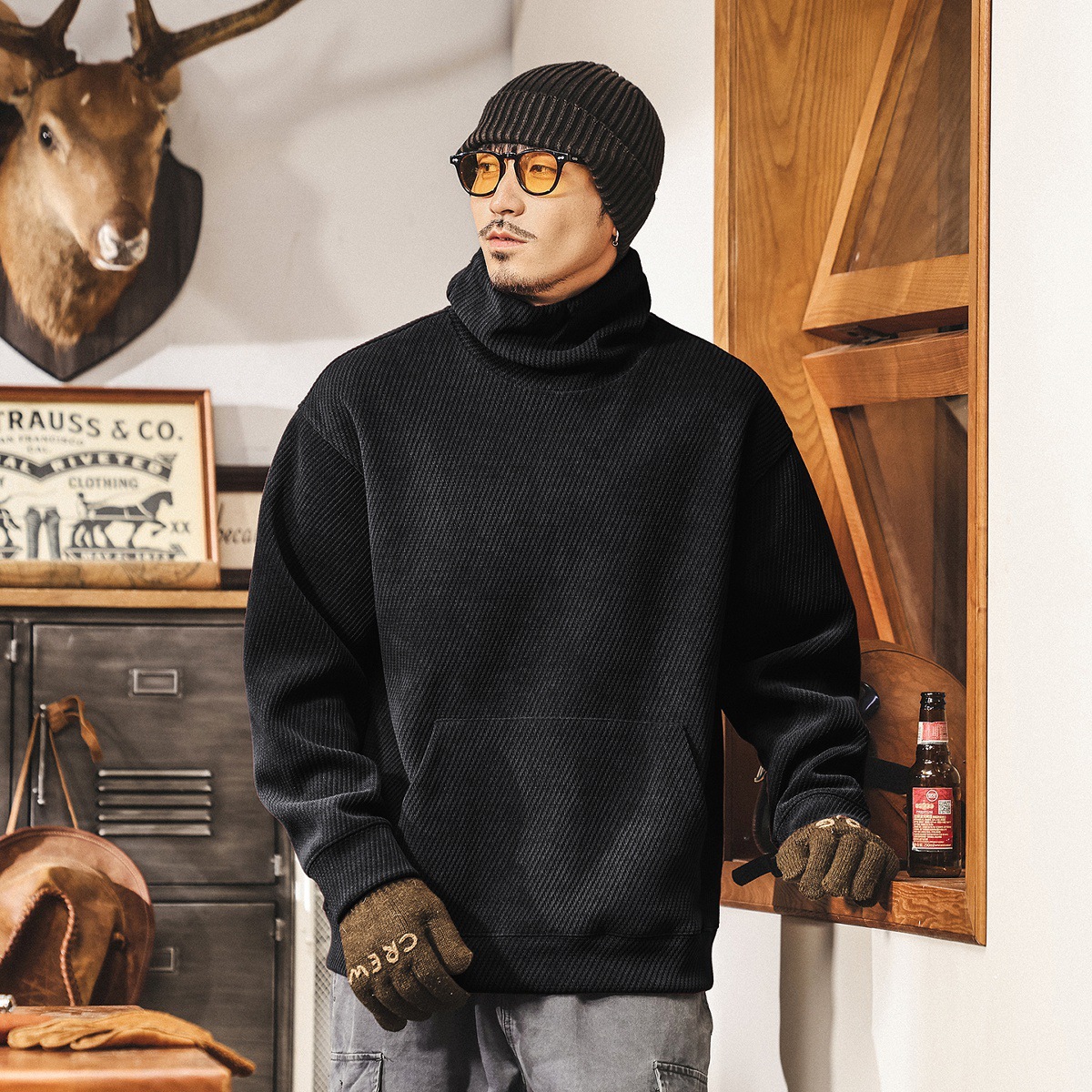 美式復古550g重磅高領衛衣男秋冬新款寬鬆保暖棗紅色男士秋季上衣