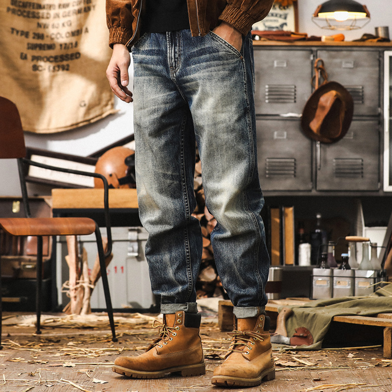美式復古重磅做舊秋季牛仔褲男寬鬆直筒工裝褲子男潮牌休閒長褲男