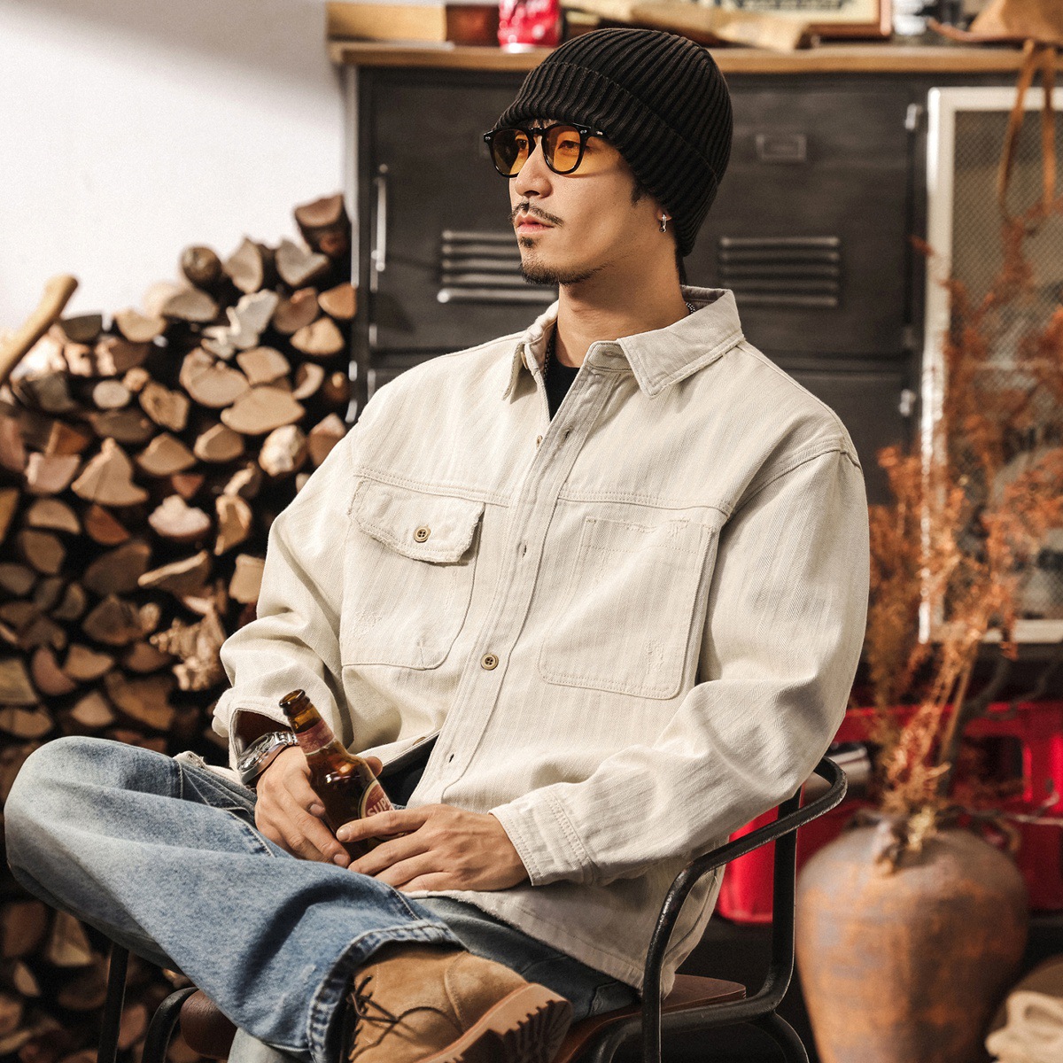 美式復古人字紋牛仔襯衫男秋季新款阿美咔嘰破壞風工裝外套男上衣