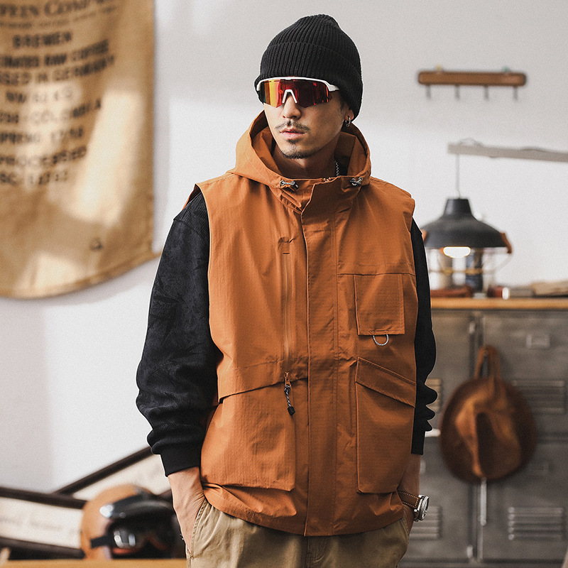 美式山系連帽外套男秋季2024新款潮牌戶外防風防水機能工裝馬甲男