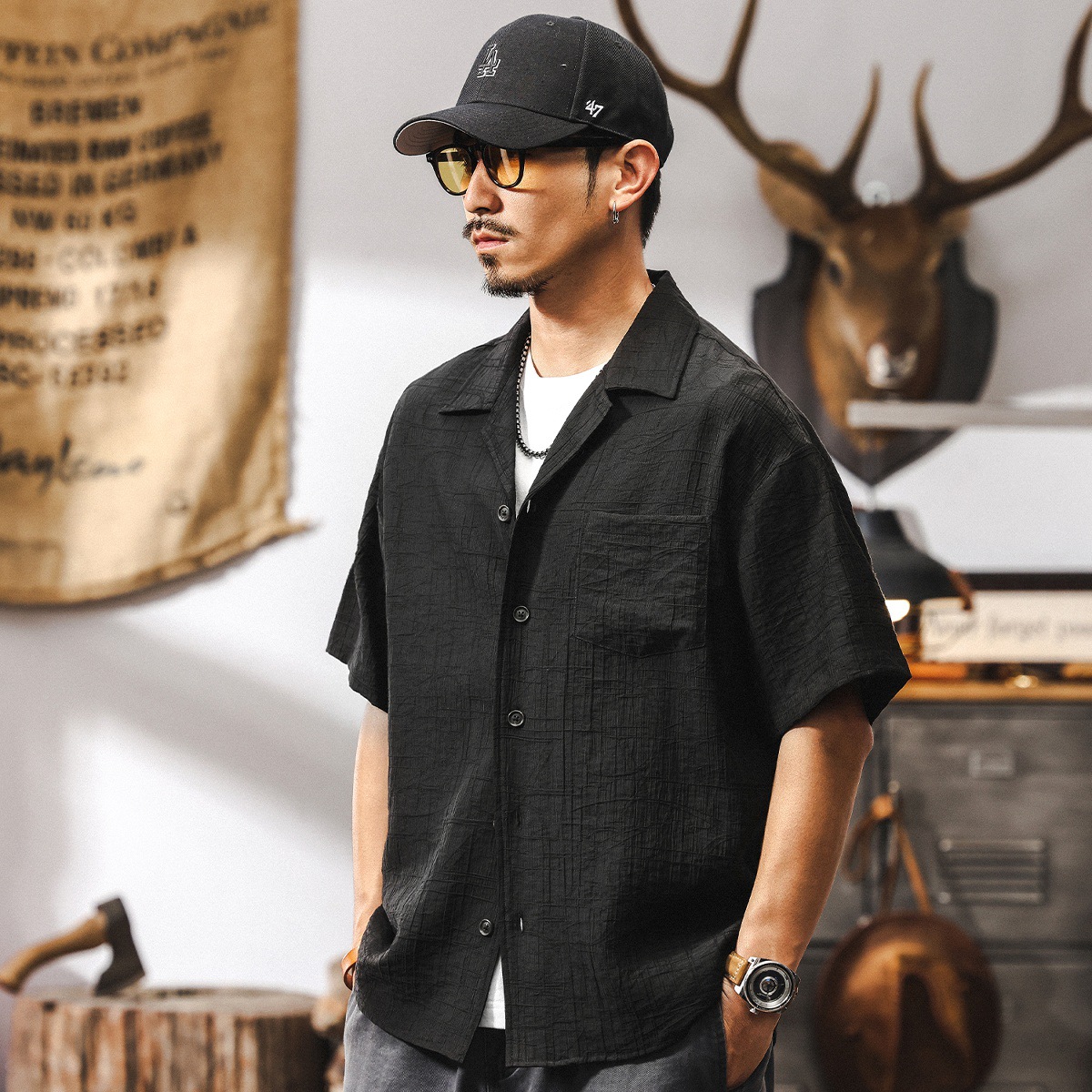 萊賽爾天絲垂感古巴領襯衫男夏季短袖潮流高級感提花男士薄款襯衣