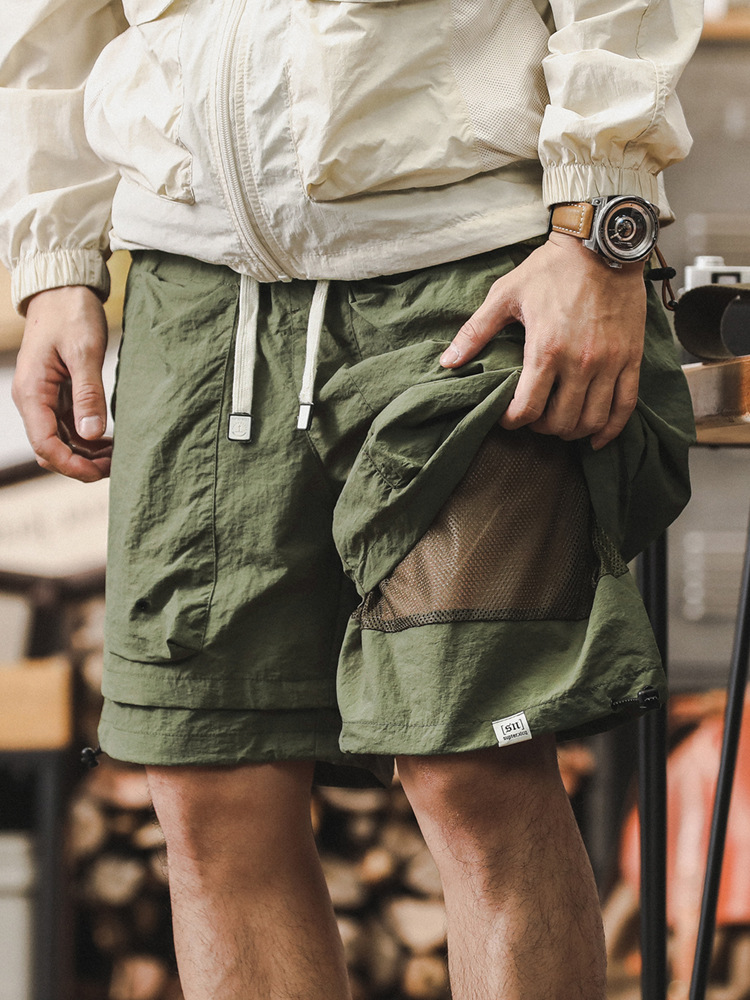 美式工裝短褲男夏季寬鬆大碼假兩件山系戶外機能速乾褲休閒五分褲