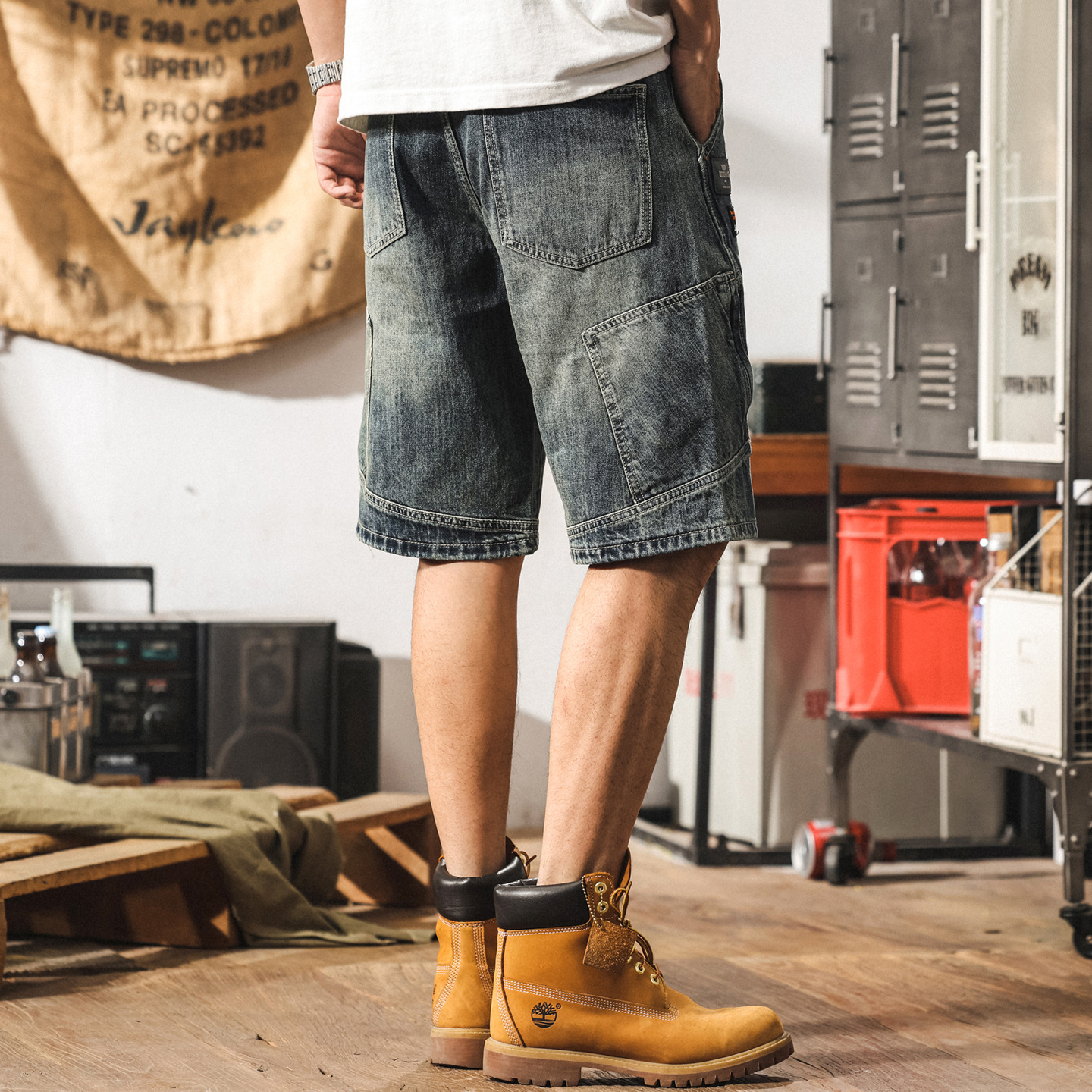 美式復古多口袋牛仔短褲男夏季寬鬆大碼休閒中褲潮牌工裝五分褲子