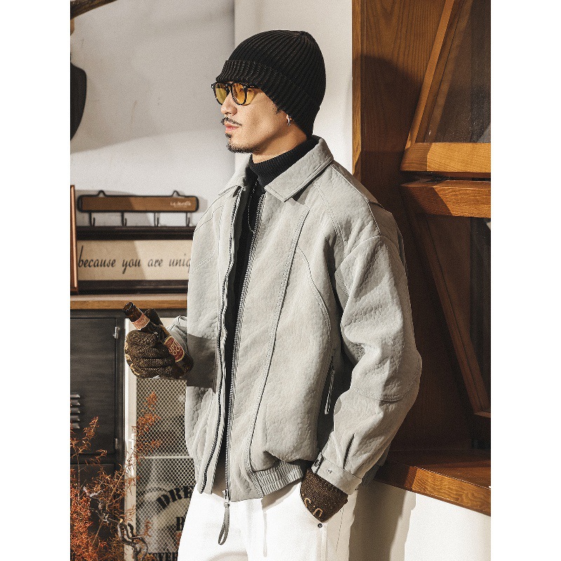 美式復古高級感荔枝紋棉服男士棉衣冬季加厚保暖機車皮夾克外套男