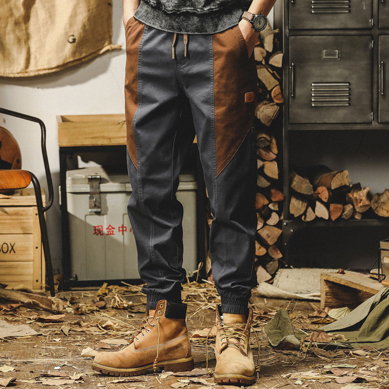 杰雷諾美式復古工裝褲子男秋冬款潮牌撞色寬鬆直筒男士束腳休閒褲