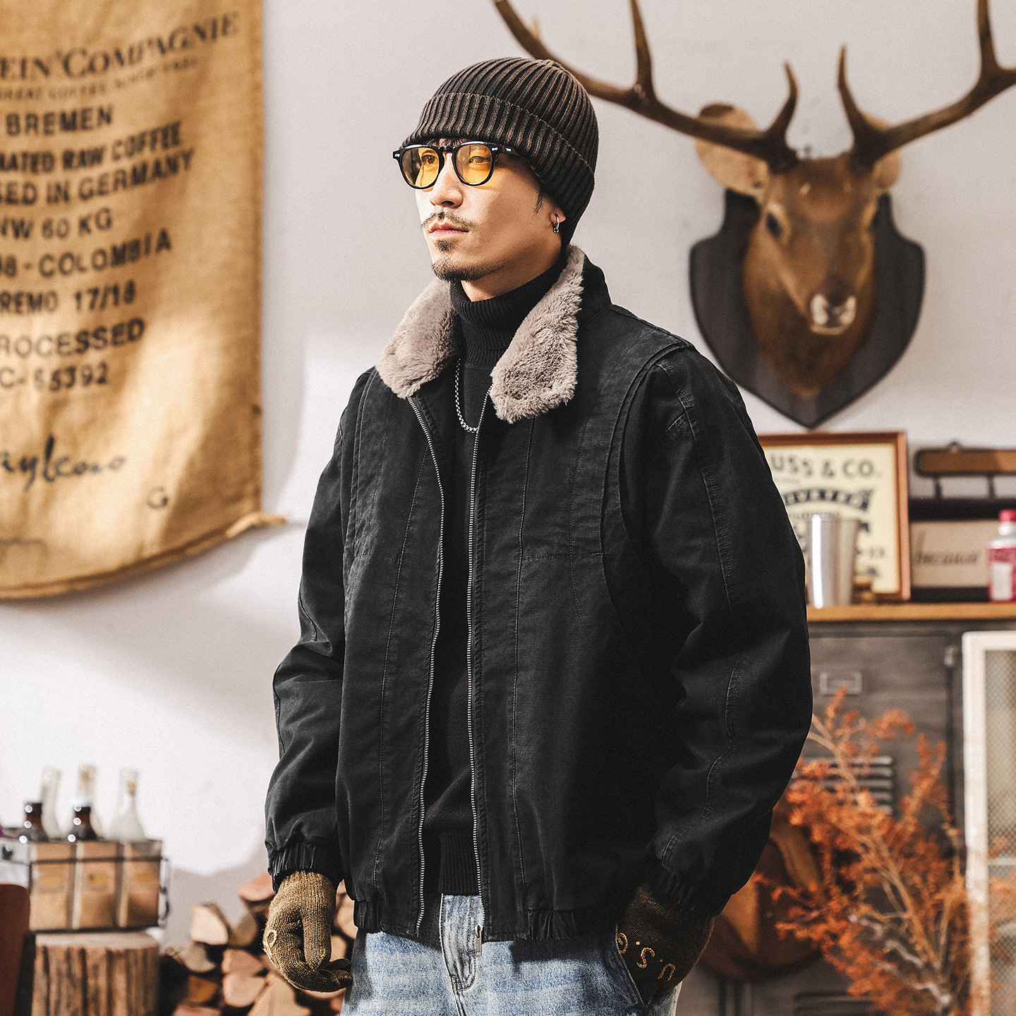 美式復古重磅做舊工裝棉服男加厚冬季保暖座山雕毛領棉襖加絨外套