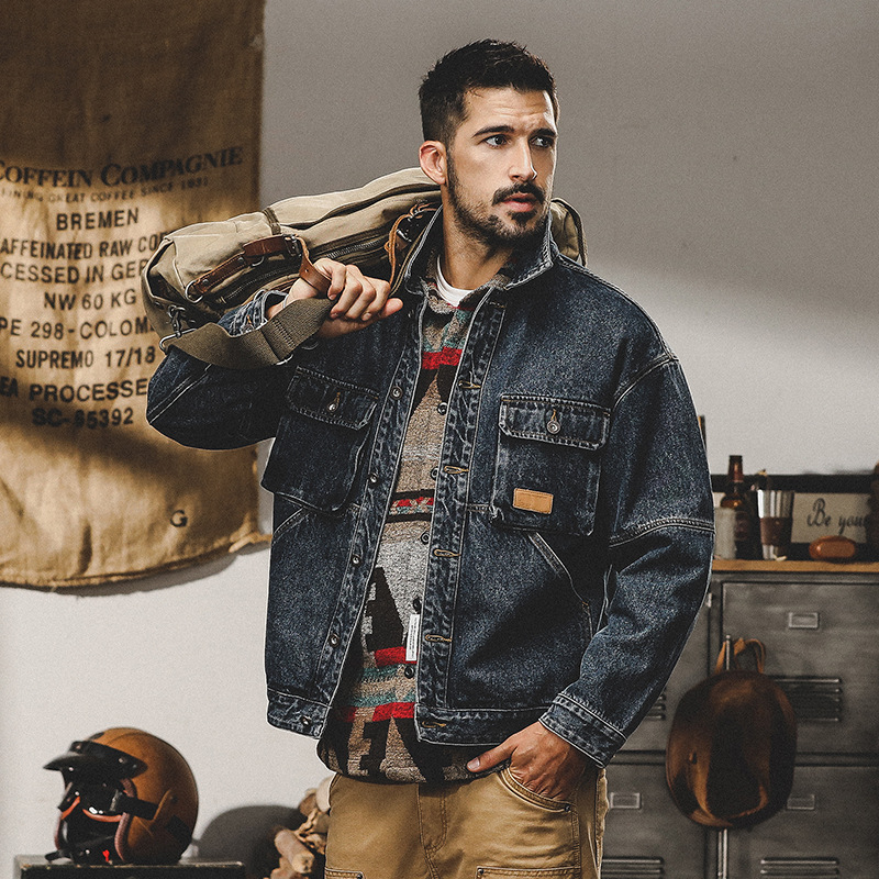 美式復古牛仔外套男硬漢潮流單排扣棉質聚酯纖維牛仔布春秋多口袋