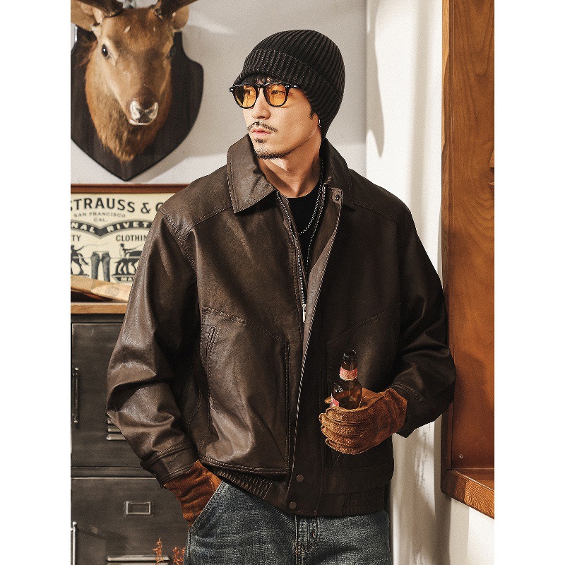 美式復古秋季皮夾克男2025新款寬鬆潮牌機車春秋款水洗皮衣外套男