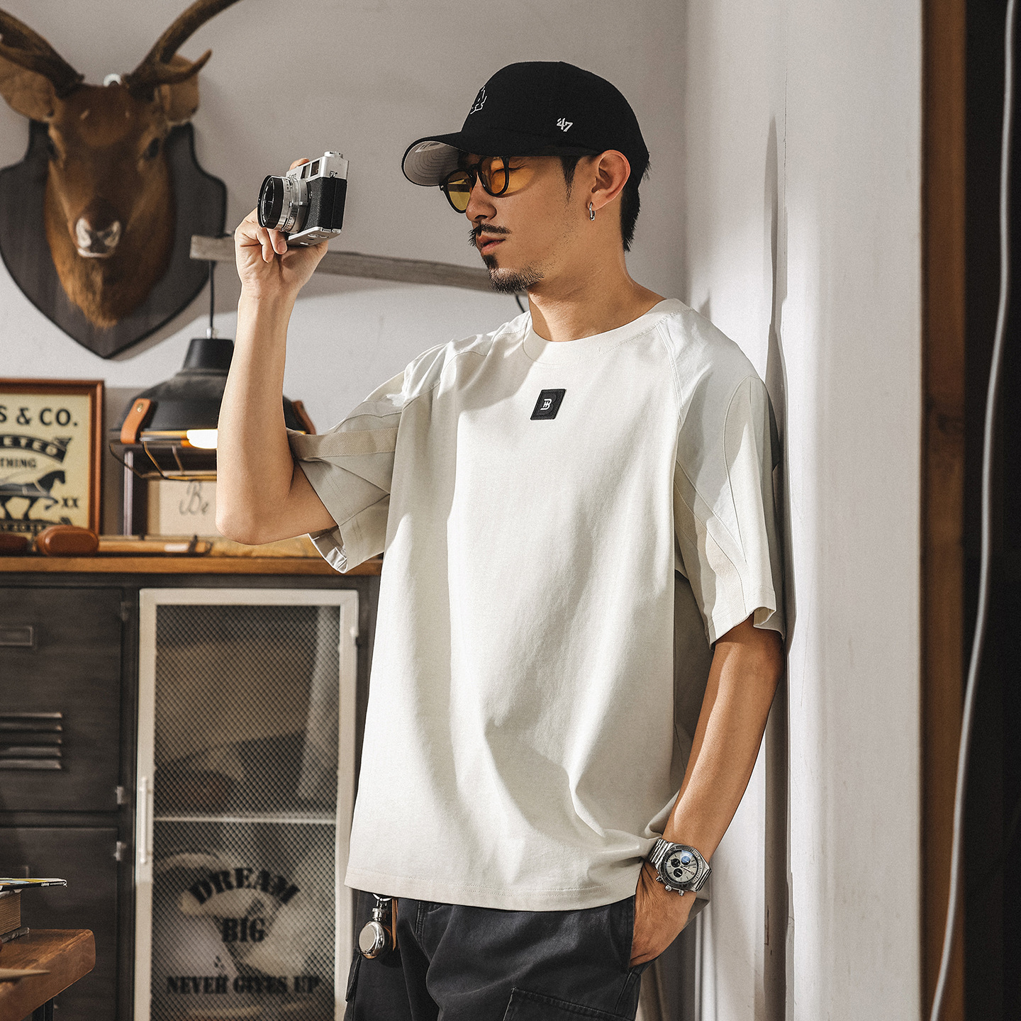 美式復古重磅T恤男短袖夏季新款拼接高級感寬鬆男生半袖上衣T