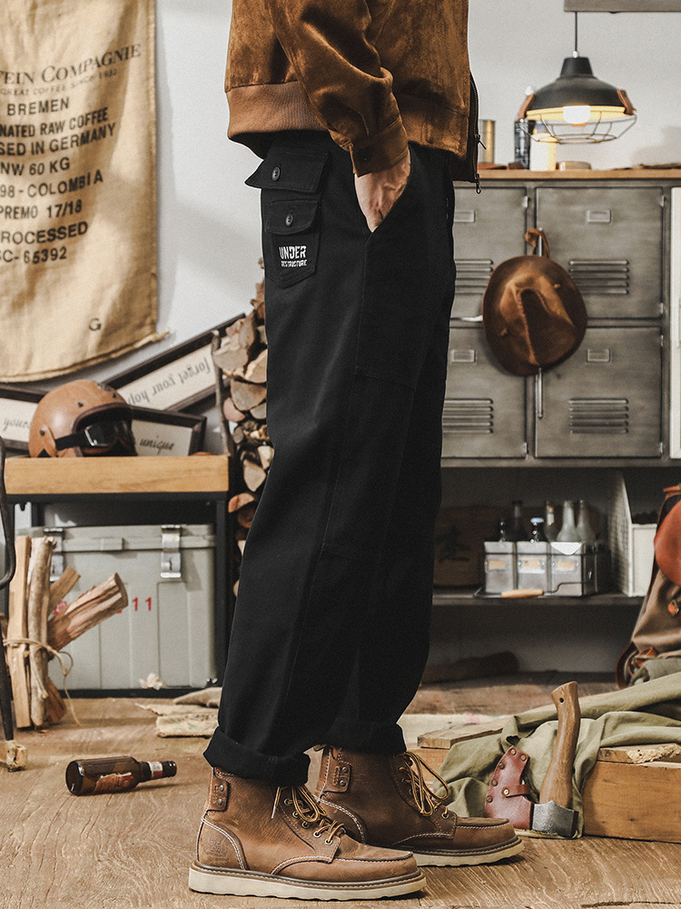 美式經典黑色工裝褲子男直筒秋季潮牌重磅寬松多口袋男士休閑長褲