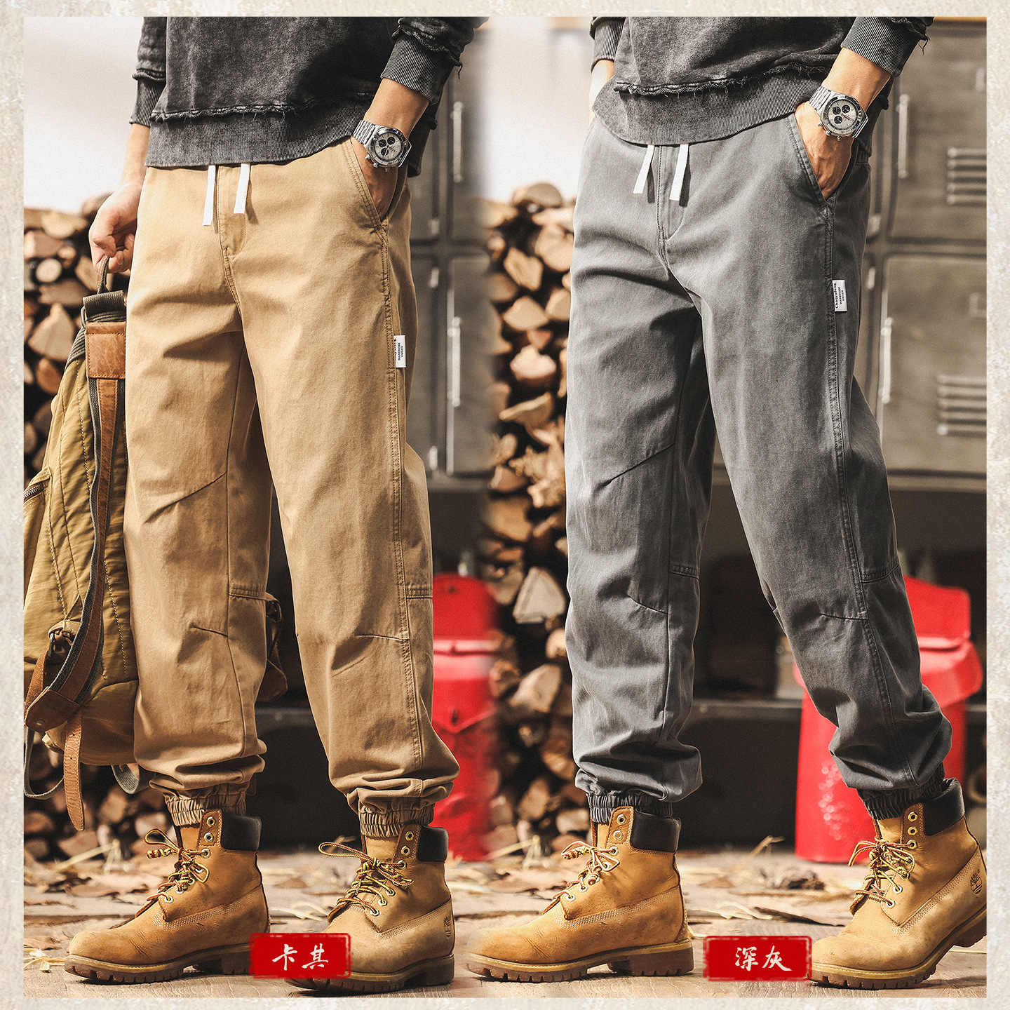 美式復古卡其色工裝褲子男士2025新款潮牌束腳寬鬆秋季男士休閒褲