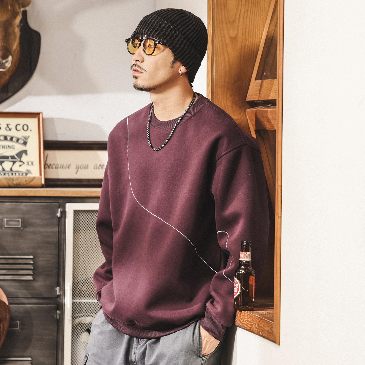 美式復古圓領套頭衛衣男款重磅春秋新款明線設計寬鬆男士秋季上衣