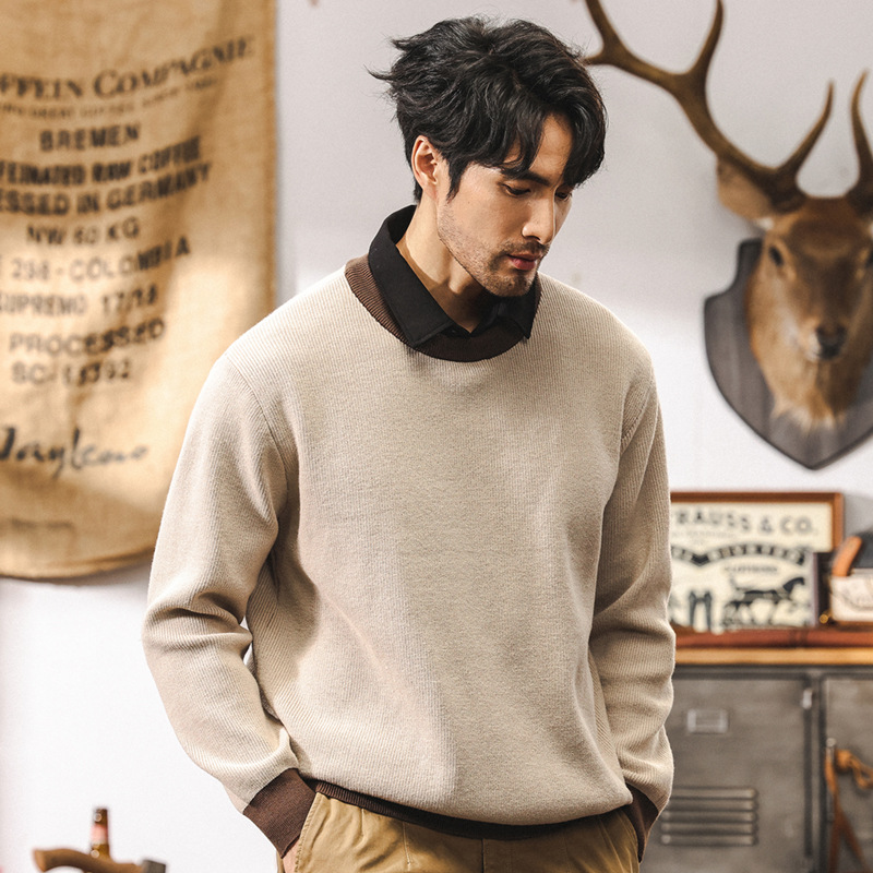 美式復古假兩件針織衫男冬季加厚保暖毛衣2024新款格雷系秋冬外套