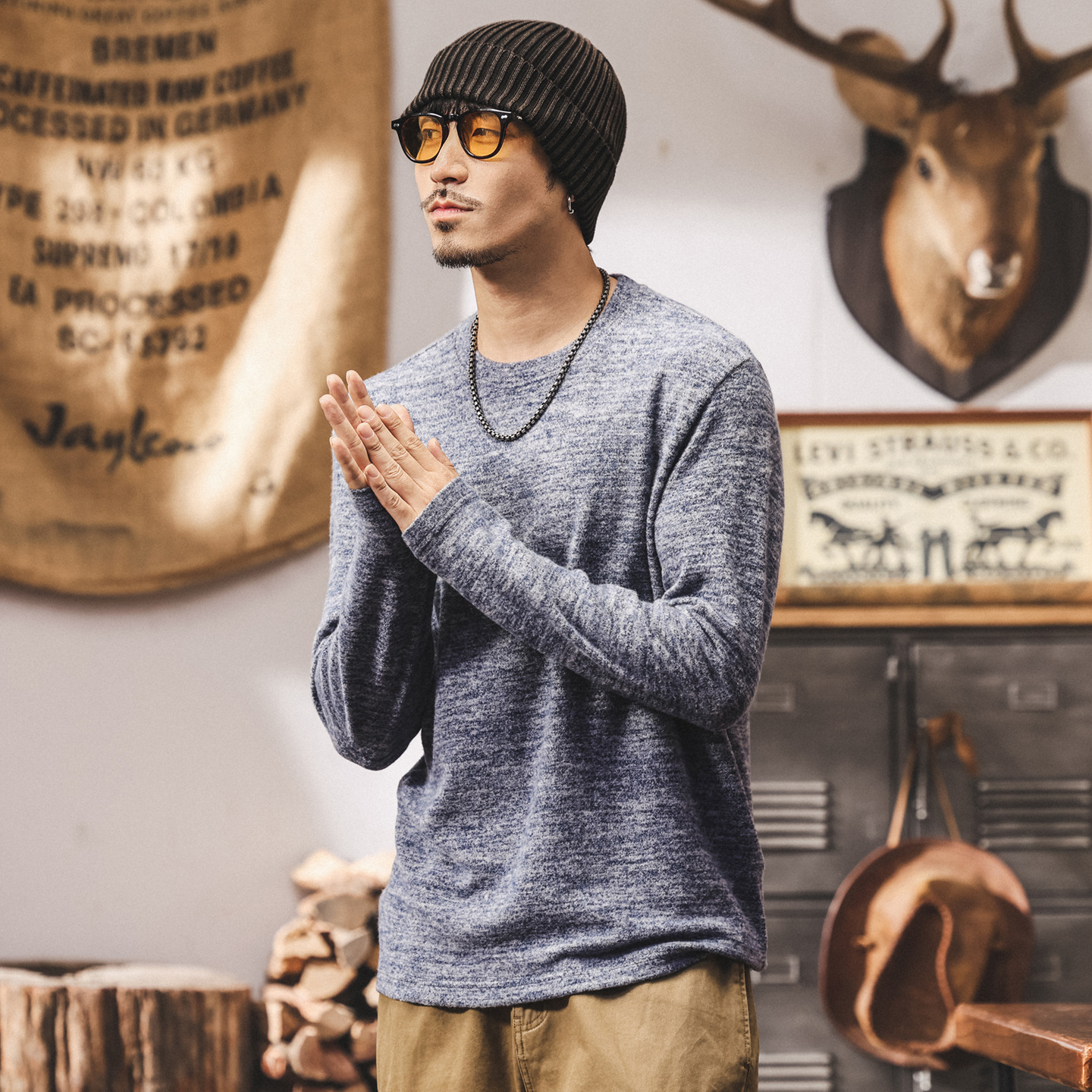 美式復古潮牌長袖t恤男秋季2025新款寬鬆內搭絨感打底衫男士上衣