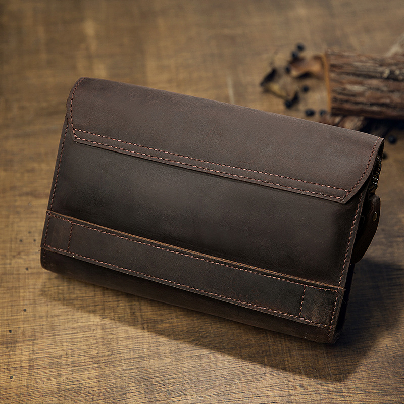 手工原創瘋馬皮男款錢包手拿包真皮復古手機包頭層牛皮手包手抓包