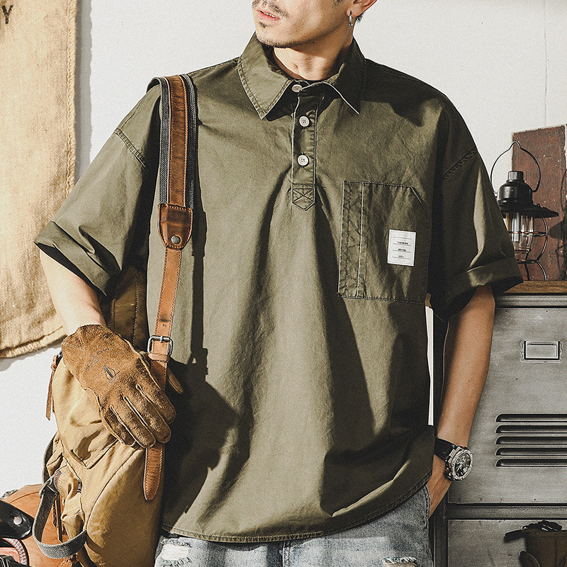 美式重磅復古水洗短袖polo衫男夏季潮牌廓形寬鬆日系T恤男潮