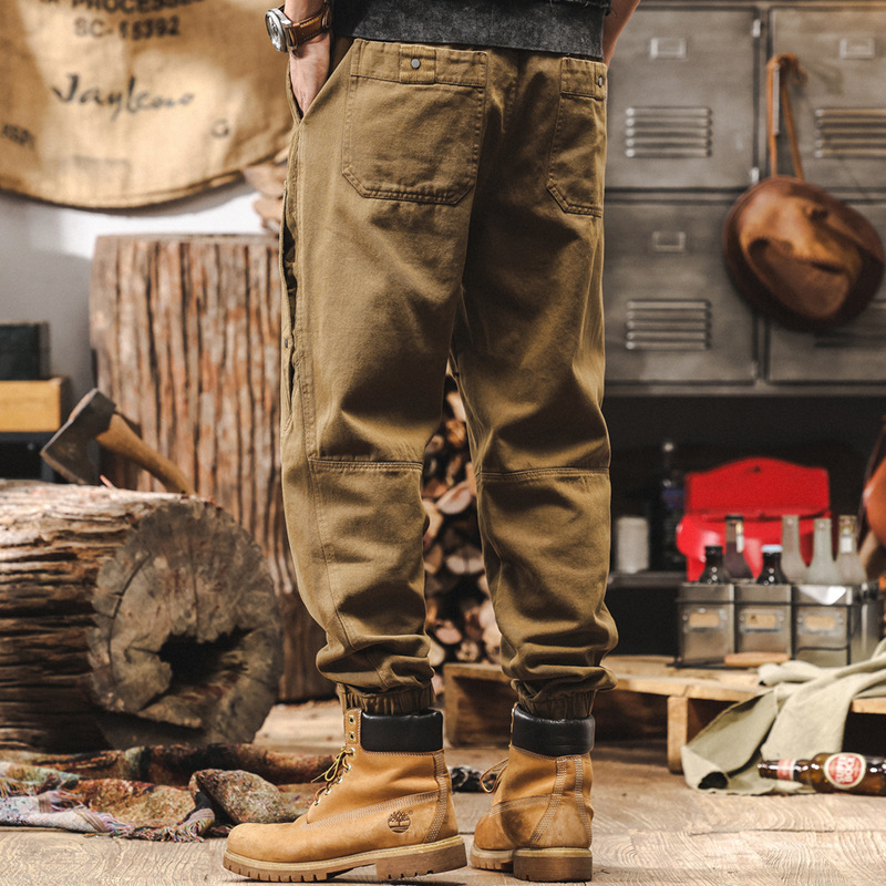 美式復古燈芯絨拼接工裝褲子男秋冬款潮牌做舊水洗寬鬆男士休閒褲