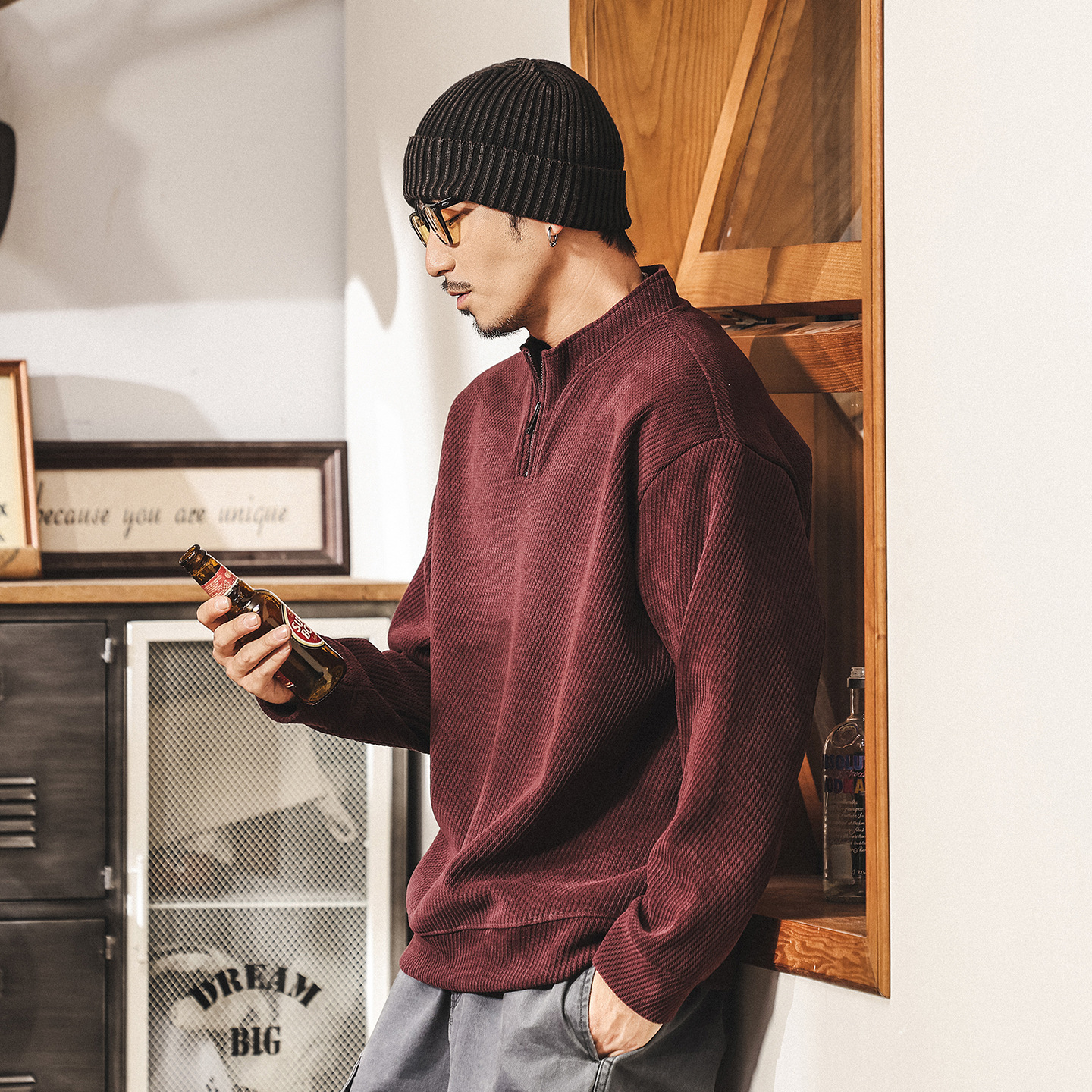 美式復古拉鍊半高領重磅衛衣男春秋新款立領寬鬆潮流休閒男士外套