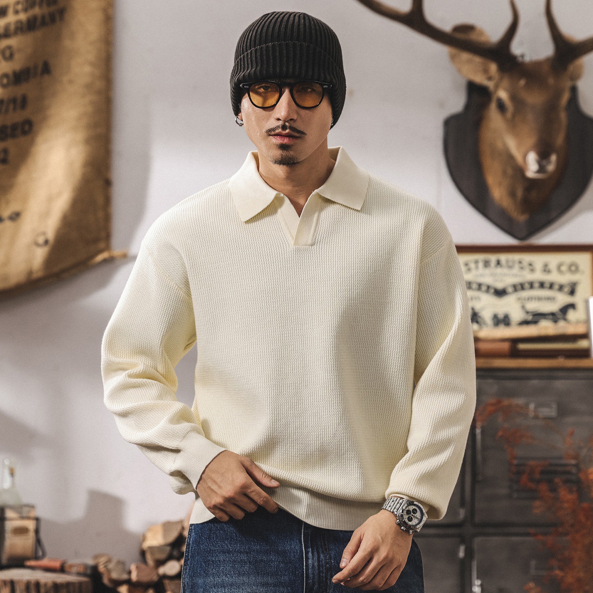 美式復古海鷗領毛衣男秋冬款寬鬆潮牌簡約馬球領休閒針織衫男秋季