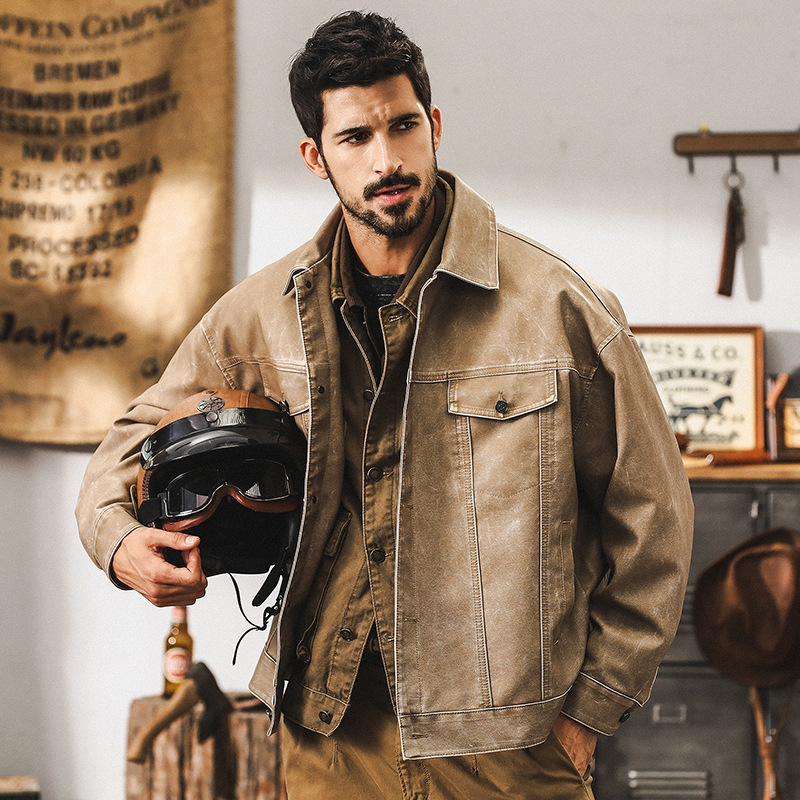 美式復古機車皮衣外套男春秋2025新款阿美咔嘰硬漢獵裝皮夾克春季