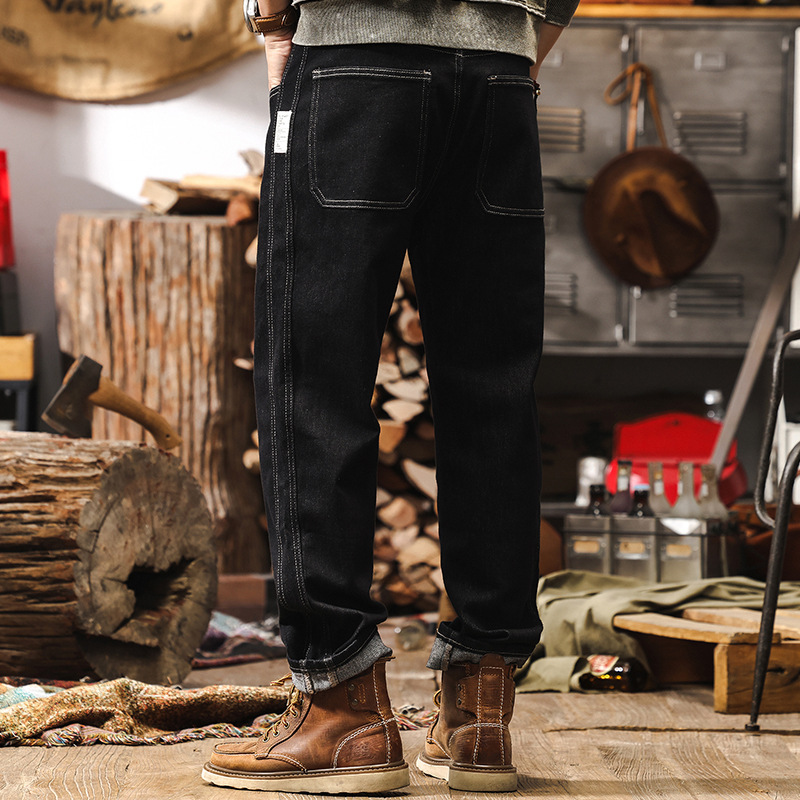 活性染不掉色黑色水洗牛仔褲男春季美式復古潮牌彈力直筒休閒褲男