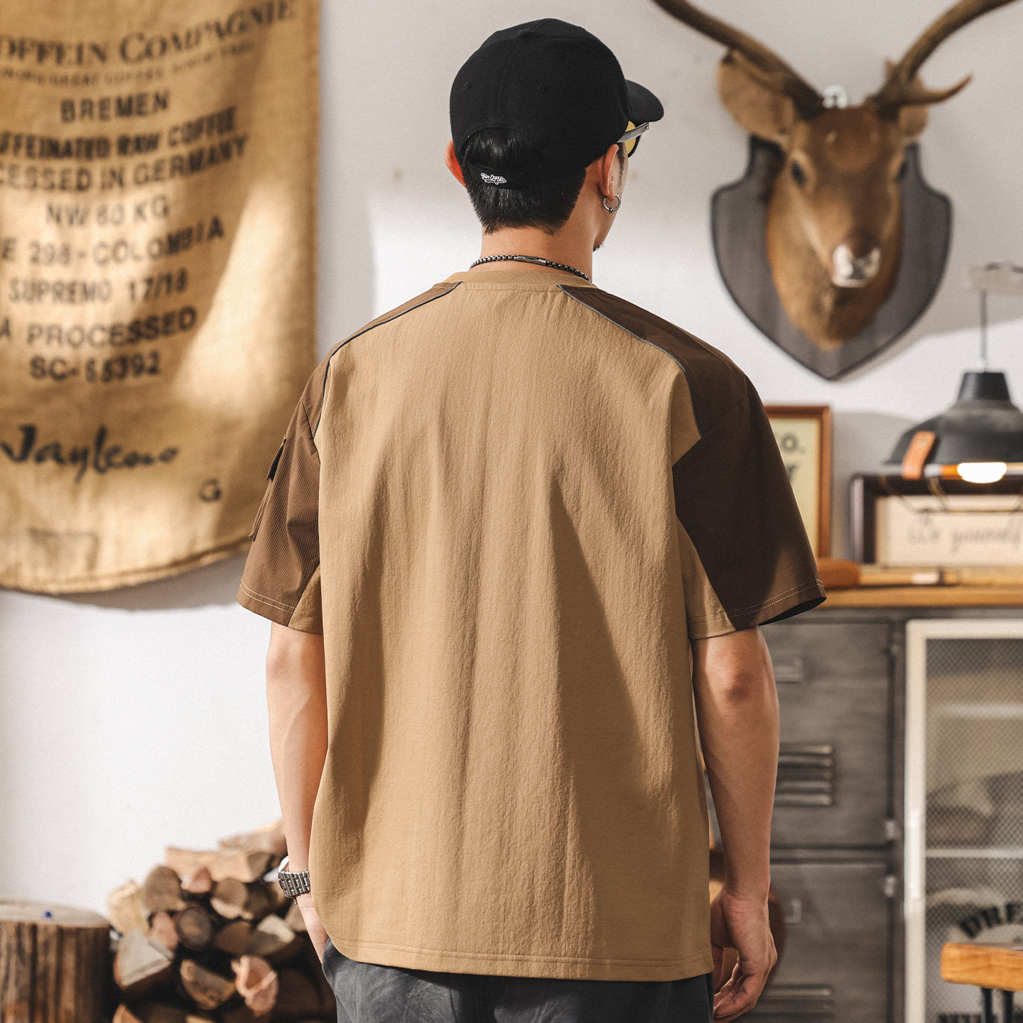 美式復古潮流男士夏季短袖t恤2025新款拼接撞色體恤寬鬆休閒上衣