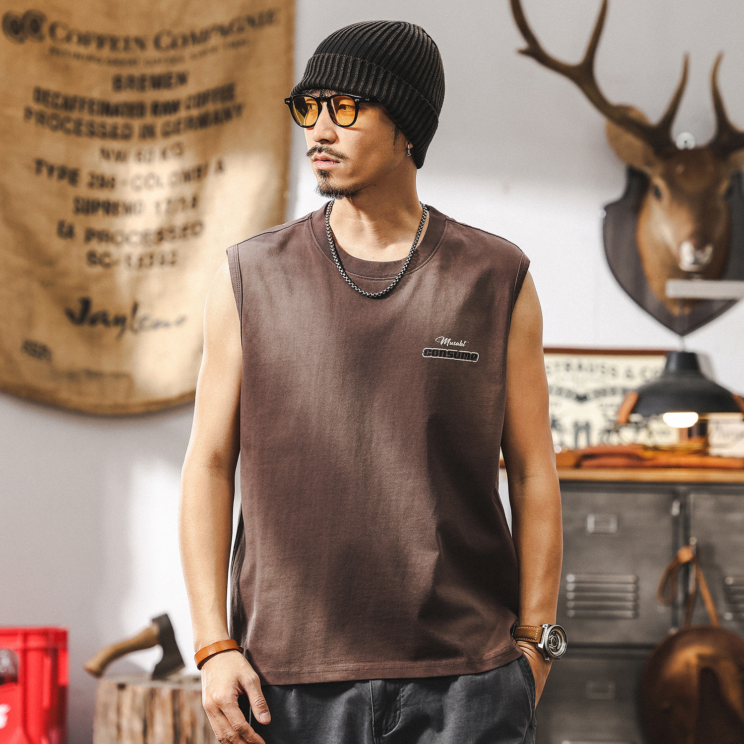 美式復古健身背心男款夏季寬鬆大碼運動重磅T恤男裝坎肩上衣T潮流