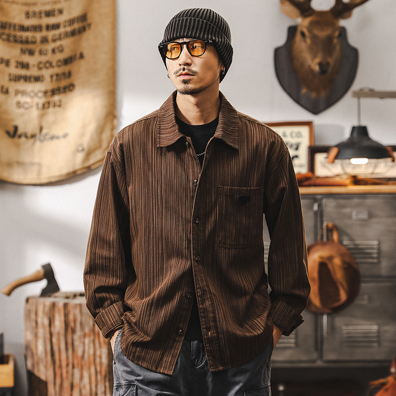 美式復古竹節紋肌理感襯衫男春季寬鬆潮牌2025新款休閒長袖襯衣男