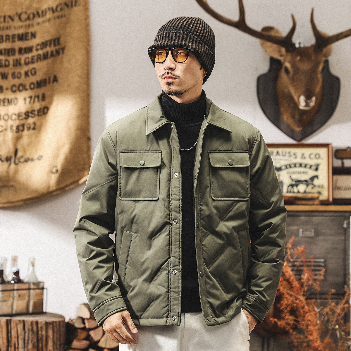 美式復古90白鴨絨輕薄羽絨服男冬季新款潮牌壓花羽絨襯衫夾克外套