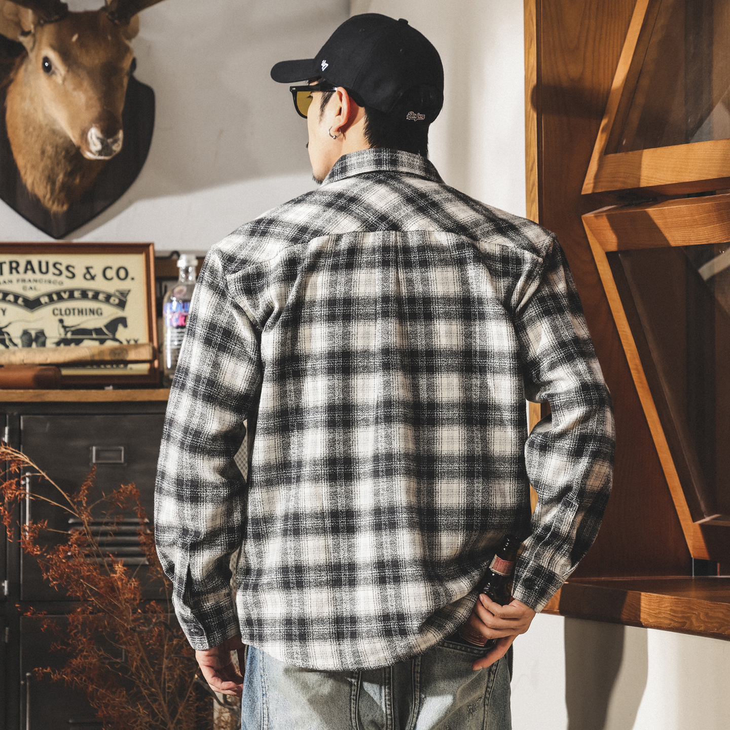 美式復古經典黑白格子襯衫男長袖春秋潮牌新款寬鬆休閒襯衣外套男